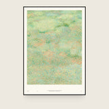Forestry IV — Lichen. Abstract field of small green and mint dots with peach warming through and darker green near the top. The annotated sheet, which carries the piece's name and the words about it printed along the foot. Shown framed. Frames and mounts are not included.