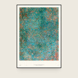 Impressions IV — Rust. Field of teal dots with rust flecks, densest at the left and right edges and sparsest through the centre. The annotated sheet, which carries the piece's name and the words about it printed along the foot. Shown framed. Frames and mounts are not included.