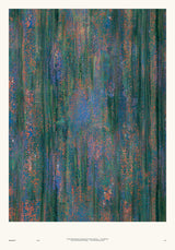 Impressions V — Tangle. Dense vertical streaks of orange and blue flecks over a deep green ground, paler and bluer through the centre. The unframed annotated sheet, with the printed footer along the bottom edge.
