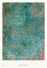 Impressions IV — Rust. Field of teal dots with rust flecks, densest at the left and right edges and sparsest through the centre. The unframed annotated sheet, with the printed footer along the bottom edge.
