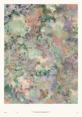 Botanics II — Mottle. Abstract mottling in coral, sage and cream, with lilac and teal at the edges. The unframed annotated sheet, with the printed footer along the bottom edge.