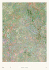 Botanics VI — Scrub. Abstract sage and olive field with coral speckle and darker green clumps near the top right. The unframed annotated sheet, with the printed footer along the bottom edge.