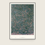 Impressions III — Undergrowth. Dense dark green dotted field with pink flecks throughout, densest along the bottom edge. The annotated sheet, which carries the piece's name and the words about it printed along the foot. Shown framed. Frames and mounts are not included.