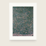 Impressions III — Undergrowth. Dense dark green dotted field with pink flecks throughout, densest along the bottom edge. Shown framed. Frames and mounts are not included.