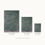 Impressions III — Undergrowth. Dense dark green dotted field with pink flecks throughout, densest along the bottom edge. Three sizes shown side by side to relative scale, unframed.