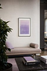 Ceramics XI — Fleck. Blush pink upper band over a lilac field, with white flecks gathered along the bottom edge and the lower left. Hung on a wall in a room. Shown framed. Frames and mounts are not included.