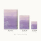 Ceramics XI — Fleck. Blush pink upper band over a lilac field, with white flecks gathered along the bottom edge and the lower left. Three sizes shown side by side to relative scale, unframed.