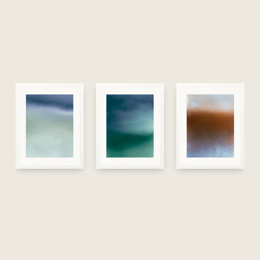 Ceramics in Warm, Teal and Blue — Set of Three. Shown framed. Frames and mounts are not included.