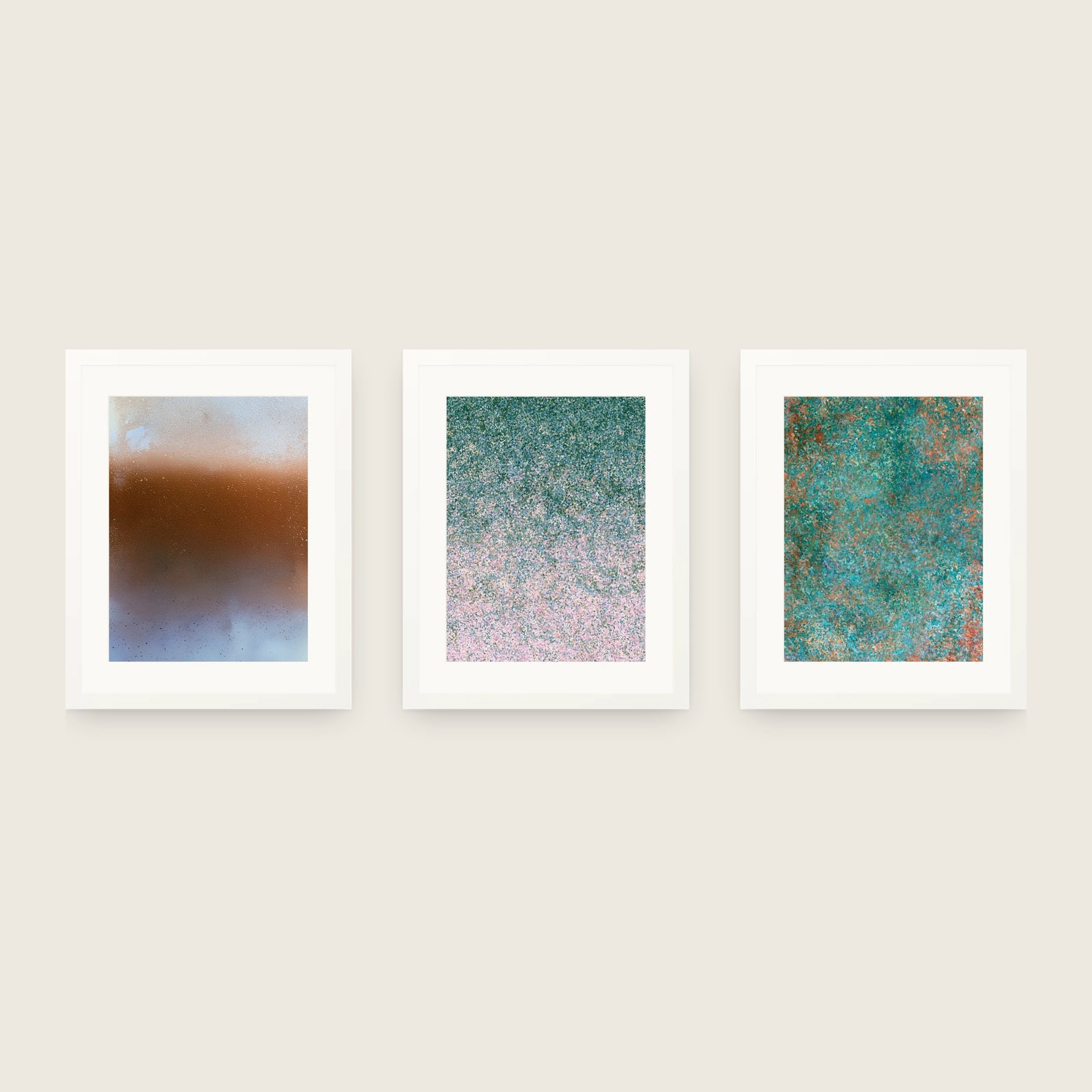 Warm and Teal — Set of Three. Shown framed. Frames and mounts are not included.